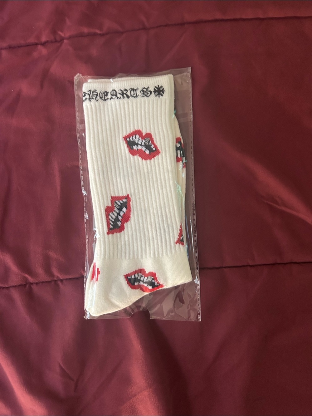 White Men’s Crew Socks with Red Lip Print